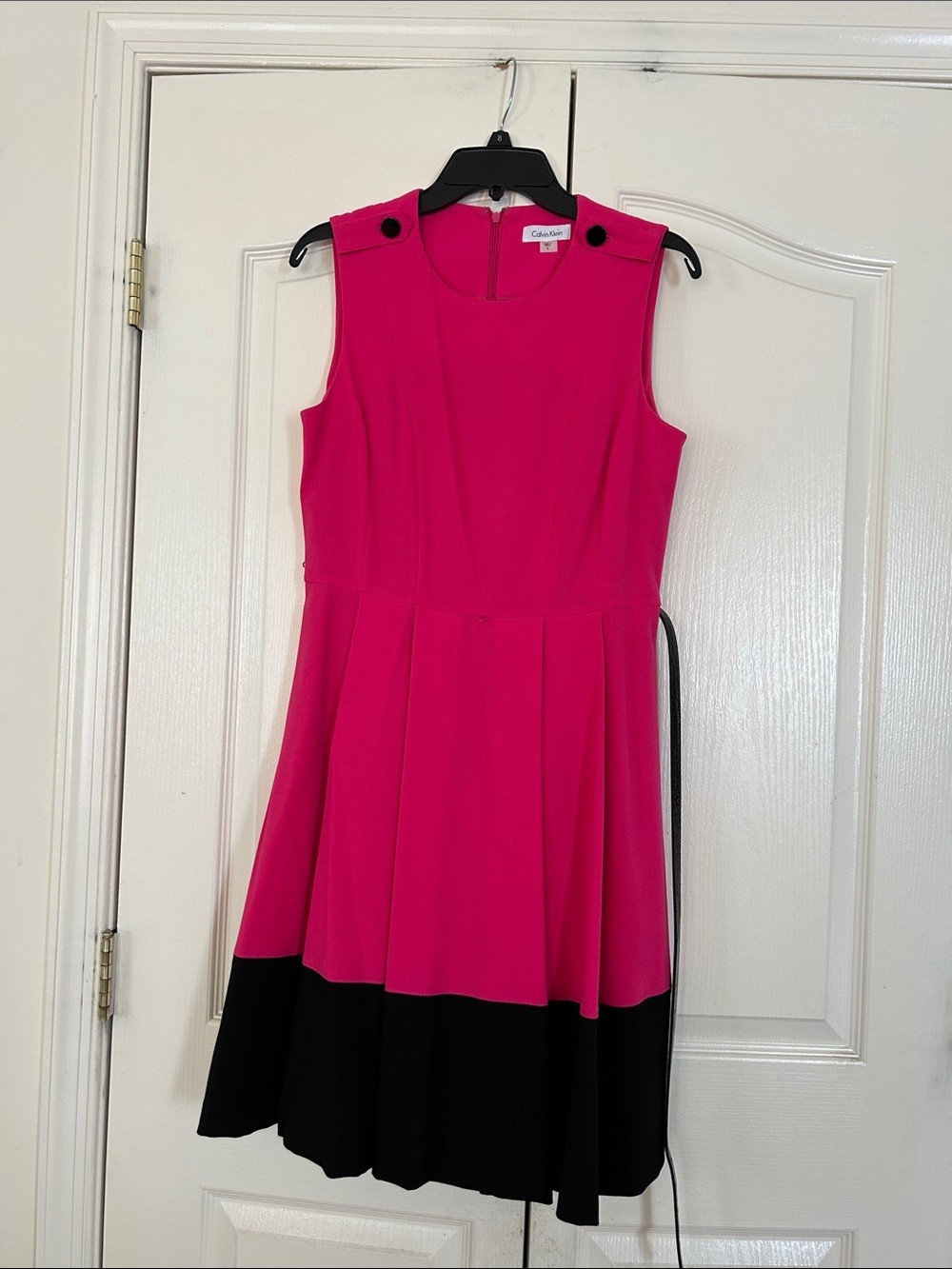 Calvin Klein Fuchsia Sleeveless Fit-and-Flare Dress with Black Hem